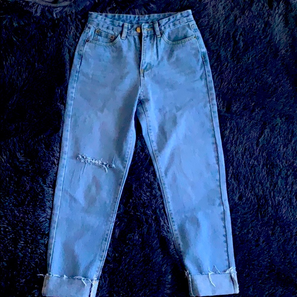 SHEIN Acid Wash Destroyed Raw Hem Mom Jeans